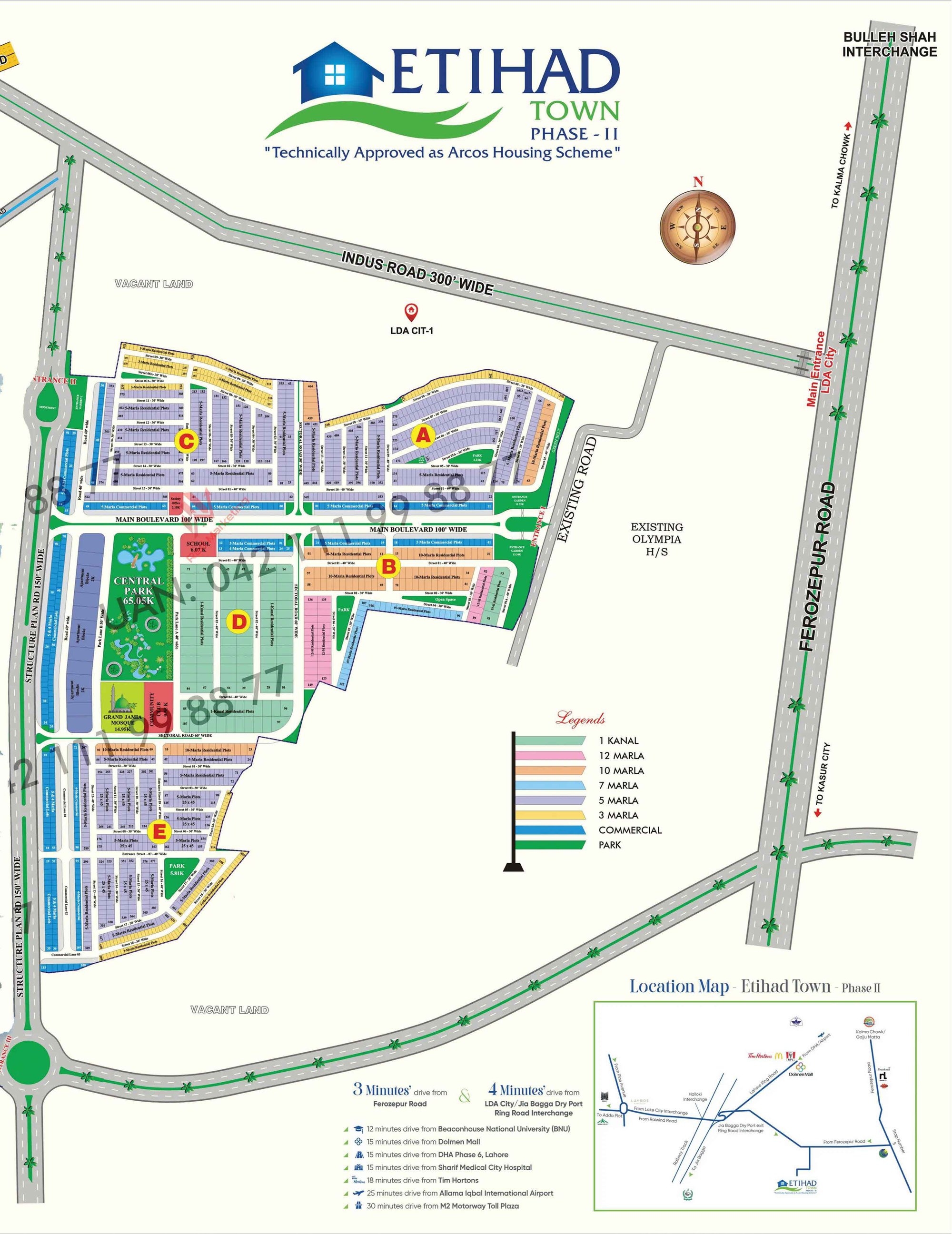 Official Etihad Town Phase 2 master plan — Blocks A to E, 65-Kanal Central Park, Jia Bagga Road