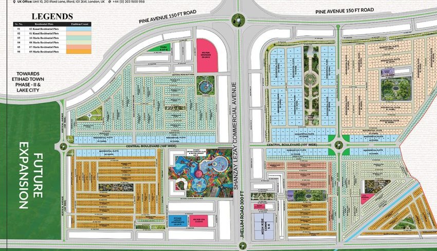 Official Etihad Town Phase 3 master plan — Pine Avenue & Jhelum Road with theme park and blocks