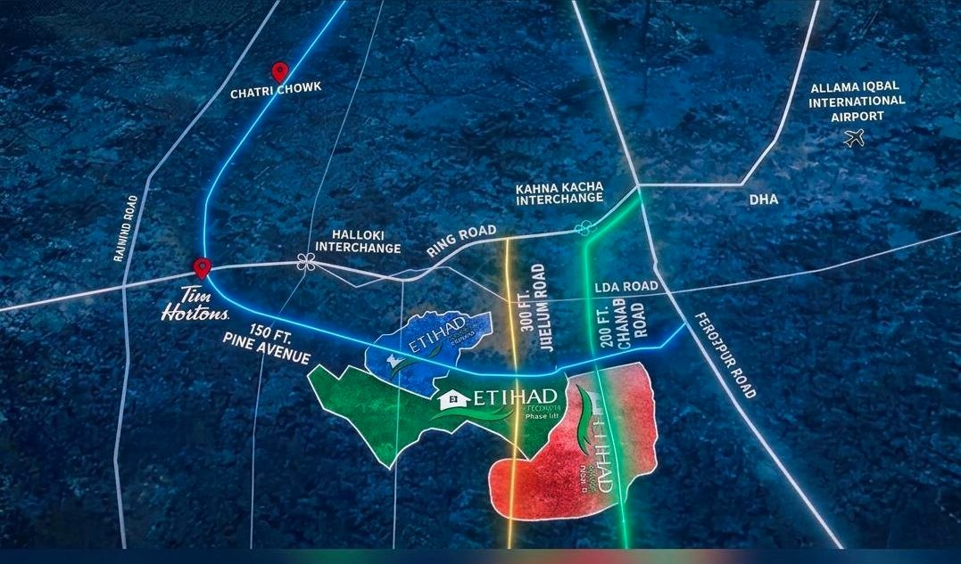 Etihad Town Phase 4 location — Phase II, III & IV along Pine Avenue, Ring Road, DHA and Airport