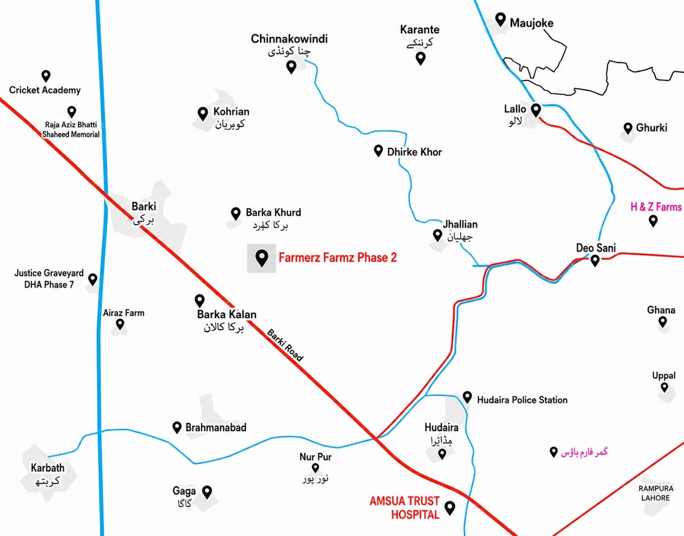 Farmerz Farmz Phase 2 location map — Barki Road between Barka Kalan and Deo Sani, near DHA Phase 7
