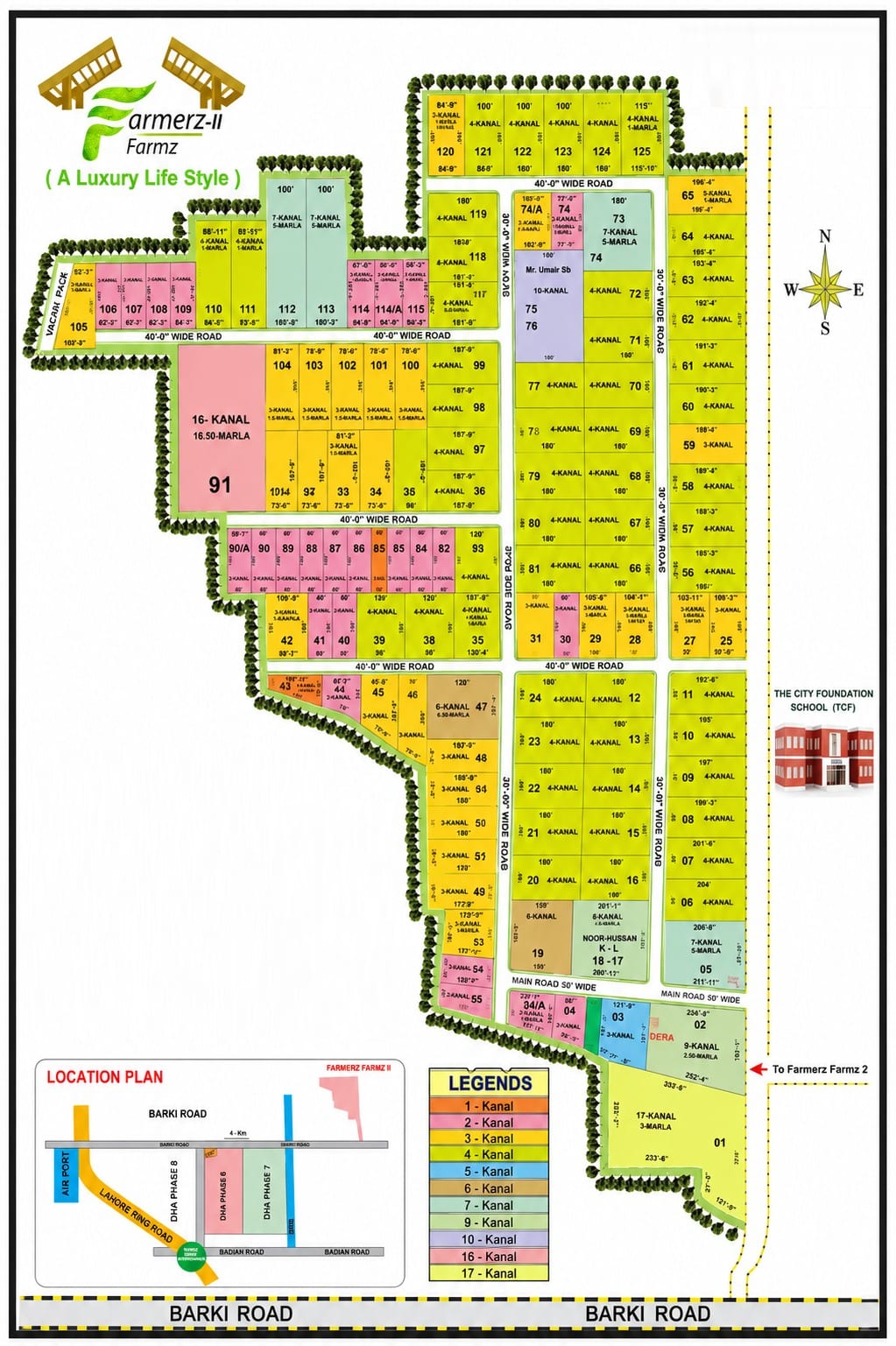 Farmerz Farmz Phase 2 master plan — 2, 4, 6 and 8 Kanal blocks along a 40-foot internal road network