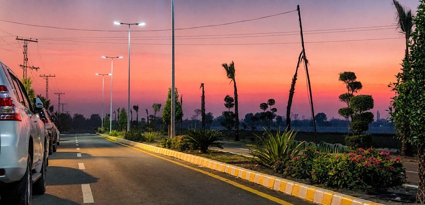 The Flaura Farms boulevard at dusk with street lighting