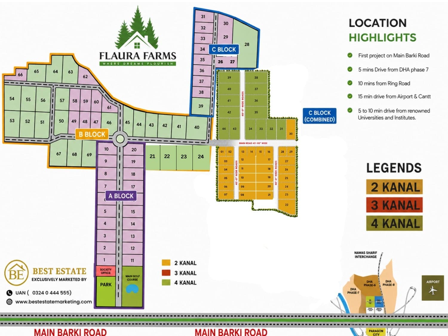 Flaura Farms master plan — Blocks A, B and C with 2, 3 and 4 Kanal plot legends, society park, society office and main golf course, fronting Main Barki Road