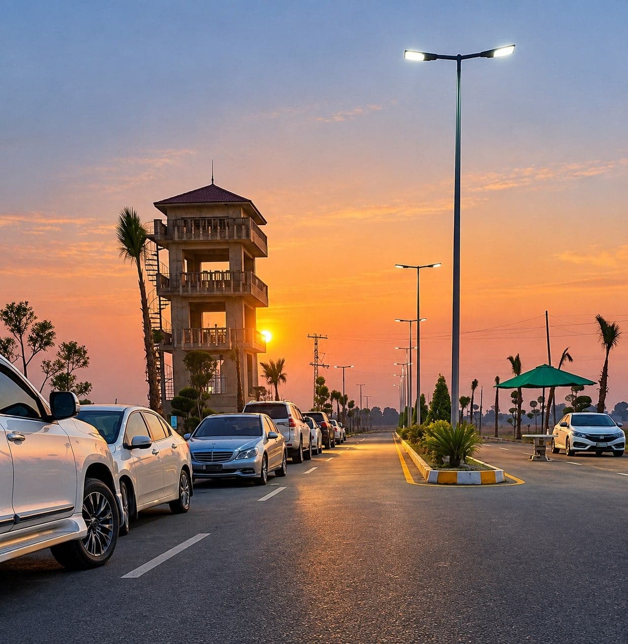 The Flaura Farms community watchtower at sunset