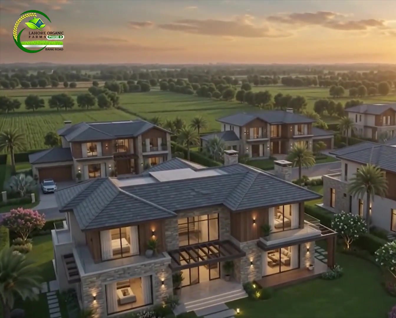 Farmhouse estates at sunset — aerial view