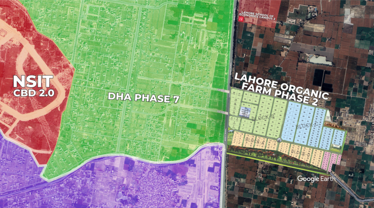 Color-coded satellite map — NSIT CBD 2.0, DHA Phase 7 and Lahore Organic Farm Phase 2 block plan along the BRB Canal