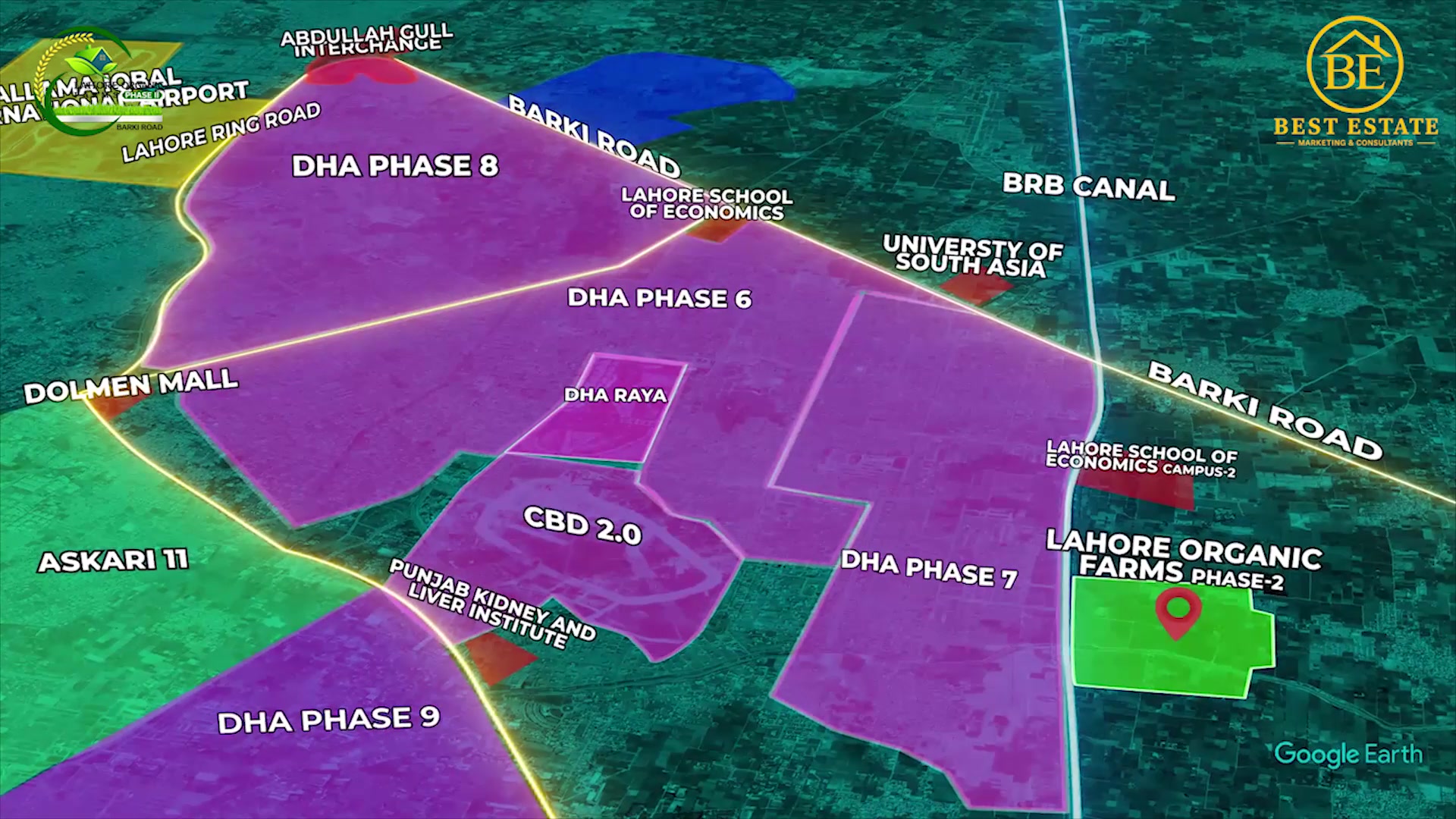 3D vicinity map — DHA Phases 6-9, CBD 2.0, Airport, Ring Road and Lahore Organic Farms Phase 2