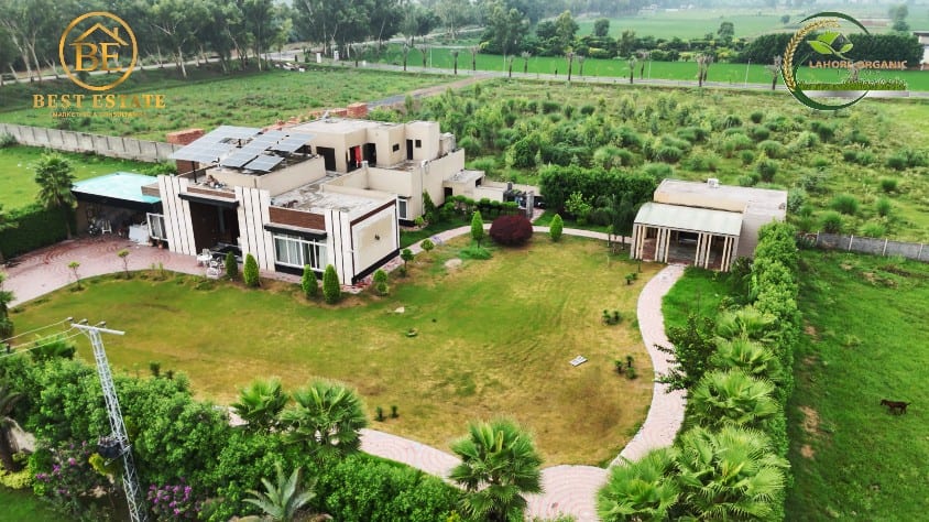 Farmhouse with landscaped lawn and garden pavilion