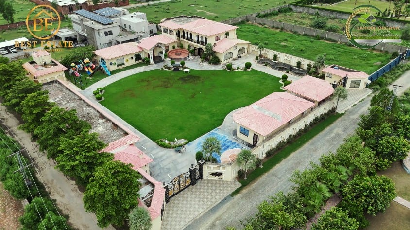 Farmhouse estate with landscaped lawn and garden pavilions