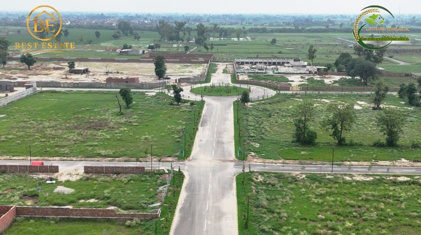 Aerial view of carpeted internal roads and roundabout
