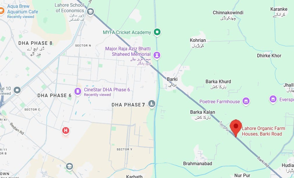 Lahore Organic Farms location map — Main Barki Road, just 4 km from DHA Phase 7, near Major Raja Aziz Bhatti Shaheed Memorial and Poetree Farmhouse