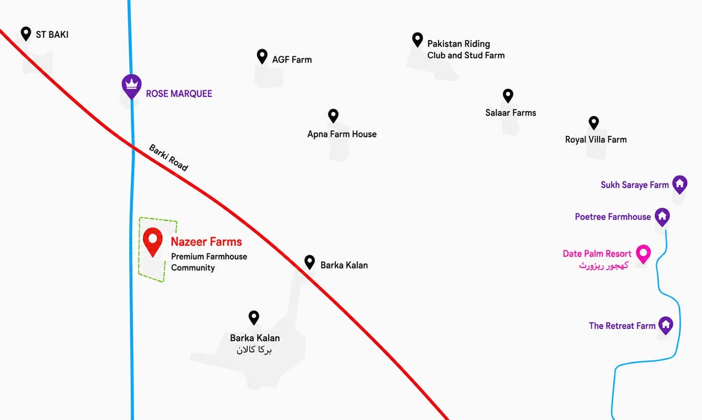 Nazeer Farms location map — Main Barki Road, near Rose Marquee, AGF Farm and Salaar Farms, 1 km from the BRB Canal
