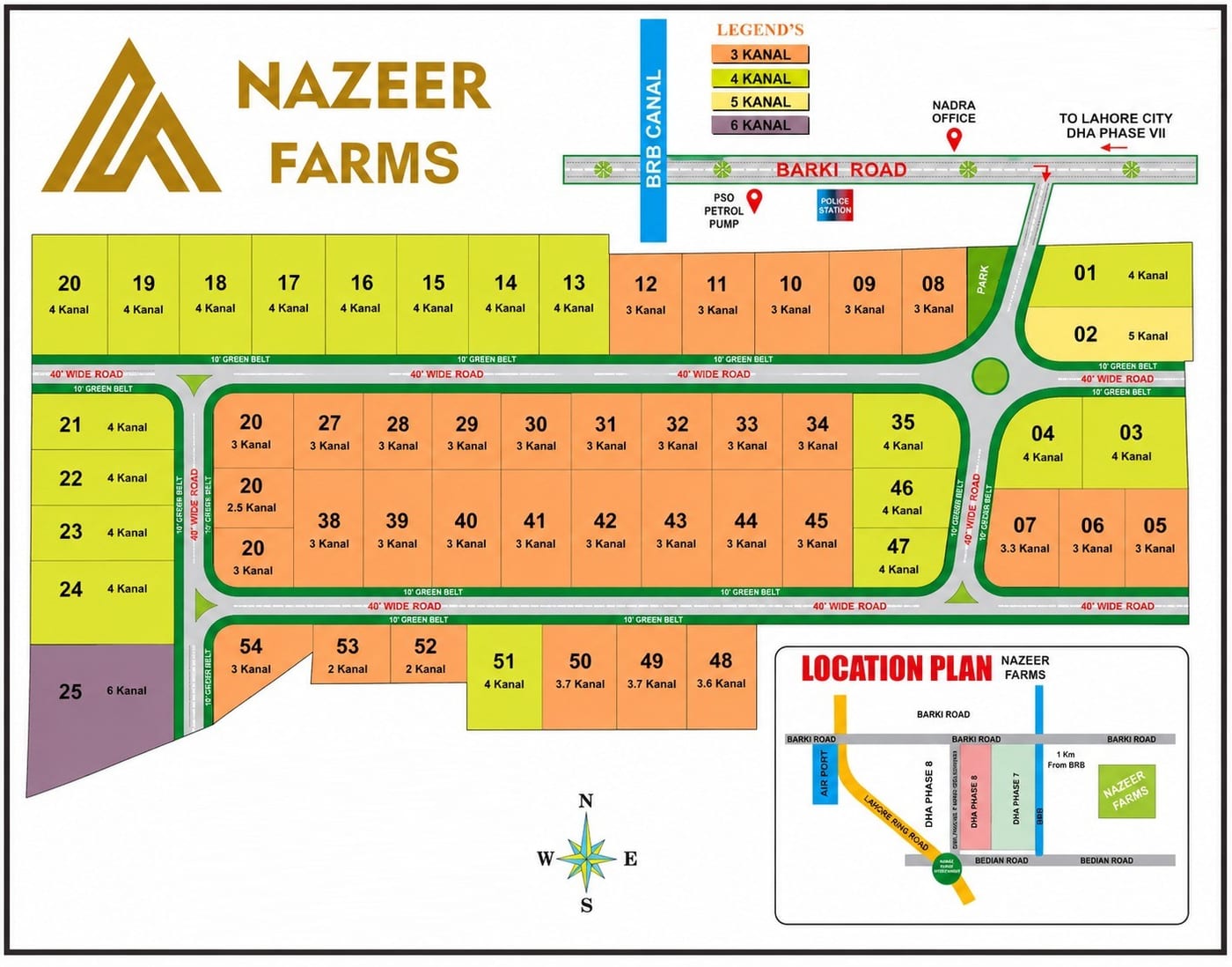 Nazeer Farms master plan — 3 to 6 Kanal blocks along a 40-foot road network with green belts on every side