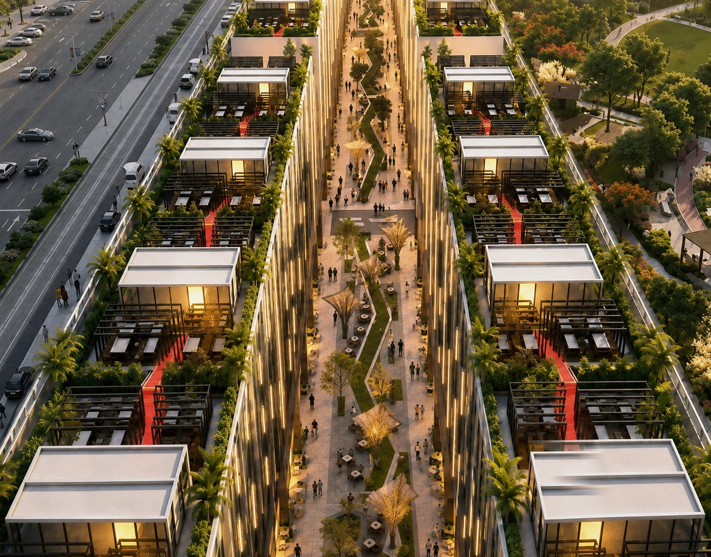 NSIT Pulse twin retail boulevard at golden hour — aerial view of the CBD NSIT City commercial corridor