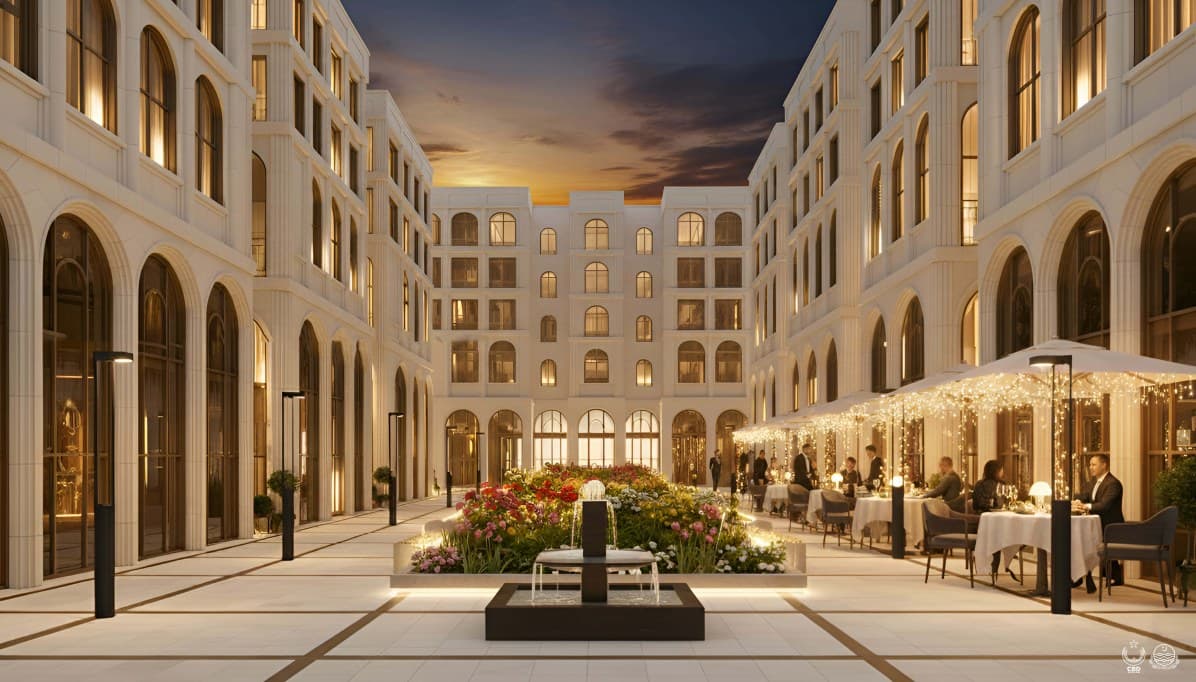 NSIT Pulse retail courtyard at dusk with al fresco dining