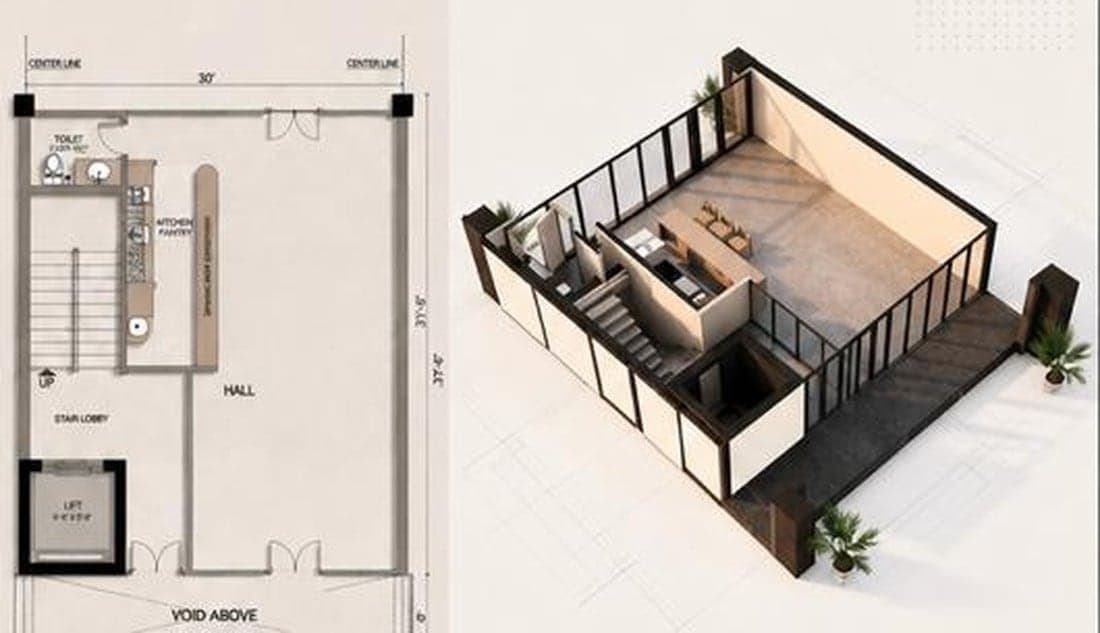 NSIT Pulse ground floor plan and 3D layout — 30 ft width by 37 ft 6 in depth with a 6 ft wide verandah, stair lobby, lift and void above