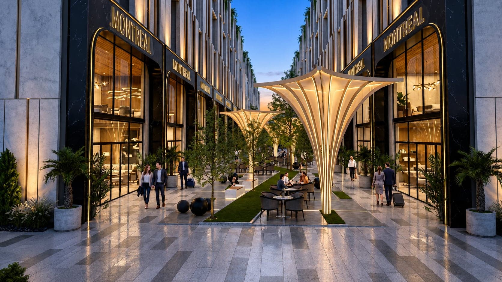 NSIT Pulse retail arcade with sculptural canopies and al fresco cafe seating between the plazas