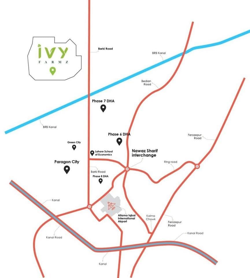 Ivy Farms location map — 5 km from DHA Phase 6/7/8, BRB Canal and Allama Iqbal International Airport