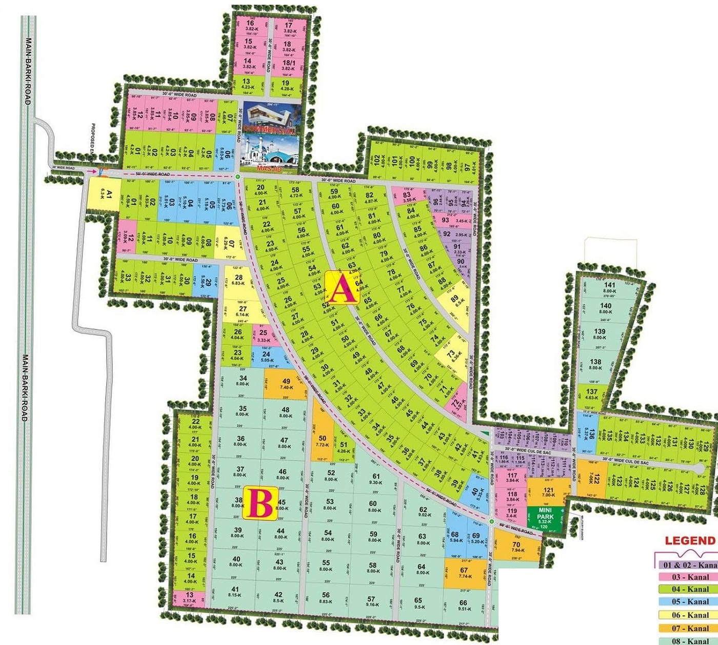 Ivy Farms master plan — 2, 4, 6 and 8 Kanal blocks with Main Barki Road frontage