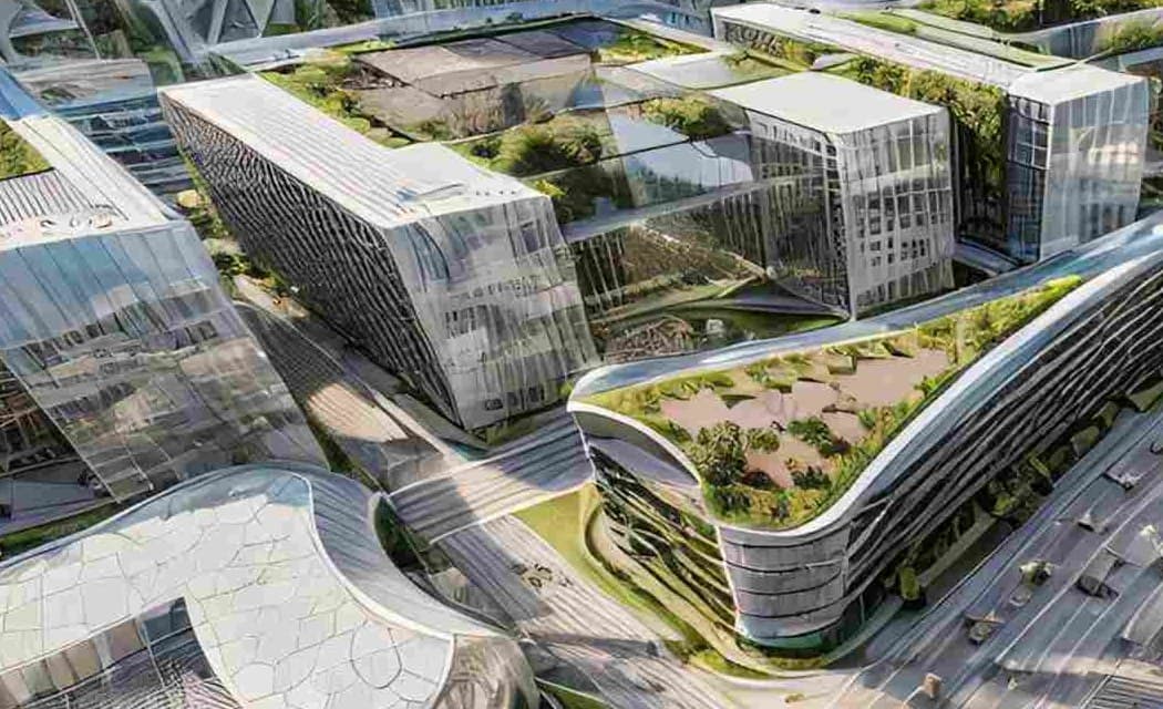 Curved terraced commercial architecture at NSIT City